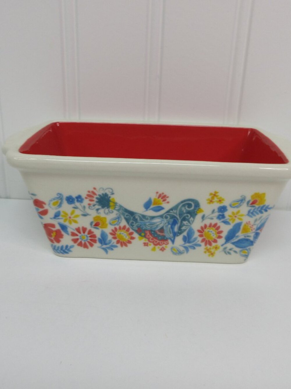 Pioneer Woman Mini Ceramic Loaf Pan Floral Mazie Red Blue Bird 5.5in New